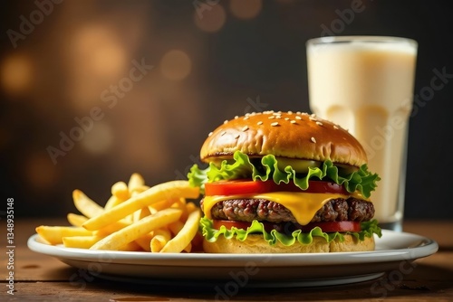 Close-up of greasy burger, fries, and milkshake on white , meal, white background, close up