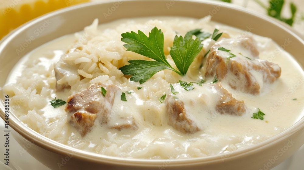 French blanquette de veau veal stew a creamy white sauce served with rice and garnished with parsley French blanquette de veau veal stew a creamy white sauce served with rice and garnished with parsley
