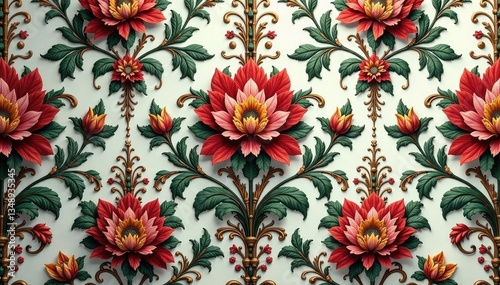 Complex floral damask wallpaper with ornate details , scroll, classic