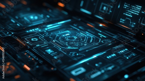 Futuristic motherboard circuit with glowing blue lights processing data
