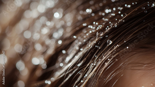 A close-up of tiny water droplets clinging to wet, freshly washed hair.