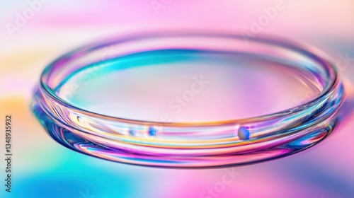 Circular glass ring creating colorful reflections on iridescent surface
