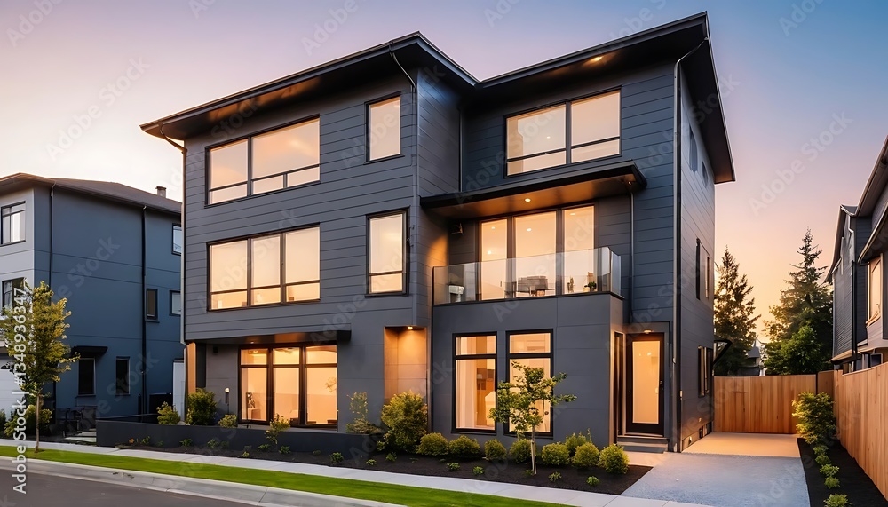 Fototapeta premium Close up photo of modern residential townhouse, luxury architectural style house exterior