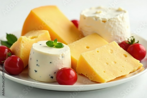 Elegant cheese arrangement, various textures, pure white, dairy, white