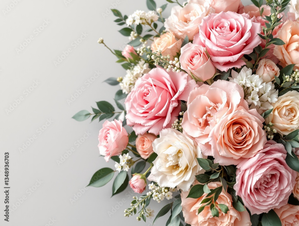 Fototapeta premium Beautiful bouquet of pink, peach, and white roses with green leaves on a soft neutral background. Perfect floral composition for background or wallpaper. Ai generative