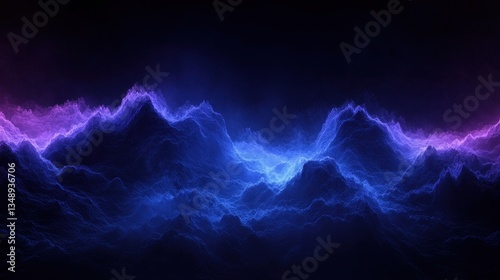 Glowing blue and purple mountain range at night creating a futuristic landscape