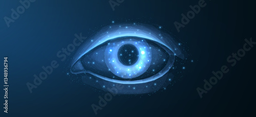 Human eye on blue background. Ophthalmology concept, eye technology, digital vision.