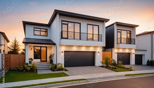 Close up photo of modern residential townhouse, luxury architectural style house exterior