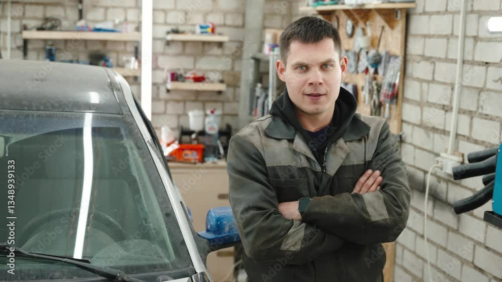 Skilled automotive technician working confidently in garage workshop, demonstrating professional expertise while standing near vehicle and handling maintenance tools Skilled automotive technician working confidently in garage workshop, demonstrating professional expertise while standing near vehicle and handling maintenance tools
