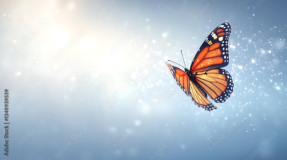 Fototapeta premium A beautiful orange and black butterfly floating in the light