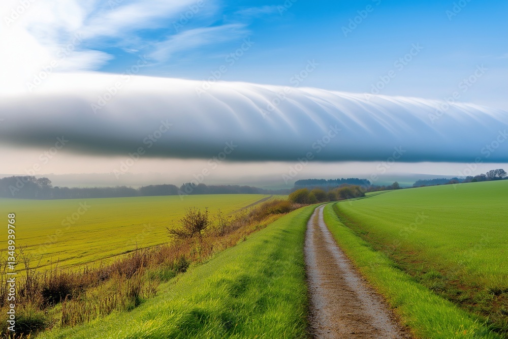 Fototapeta premium rural path through vibrant landscape under dramatic sky with unusual cloud formation