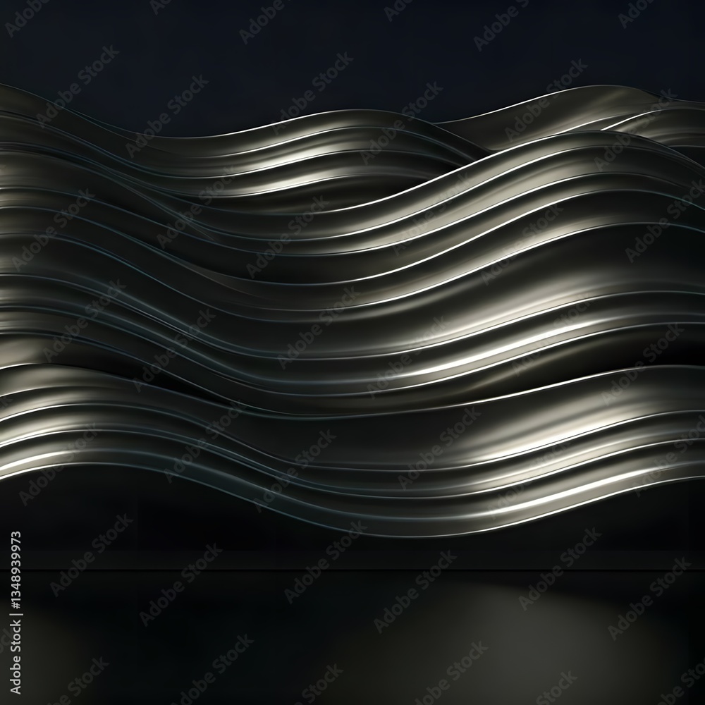 Obraz premium A fine, metallic wave pattern with delicate silver reflections on a matte black surface, AI Generated