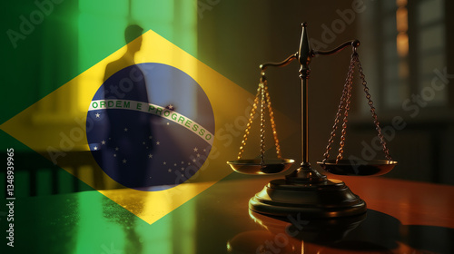 The scales of justice stand in front of the Brazil flag, symbolizing law, fairness, and the legal system. A concept of democracy and equality.