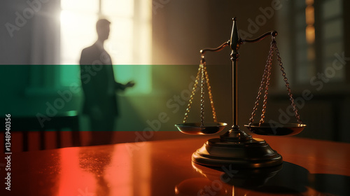 The scales of justice stand in front of the Bulgaria flag, symbolizing law, fairness, and the legal system. A concept of democracy and equality.