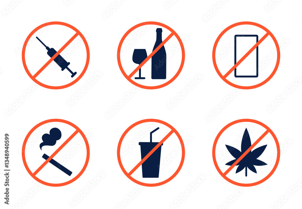 Set of prohibition icons with red crossed-out circles. Drugs, alcohol, phone, cigarette, drink, and cannabis leaf. Vector illustrations on a white background. Set of prohibition icons with red crossed-out circles. Drugs, alcohol, phone, cigarette, drink, and cannabis leaf. Vector illustrations on a white background.