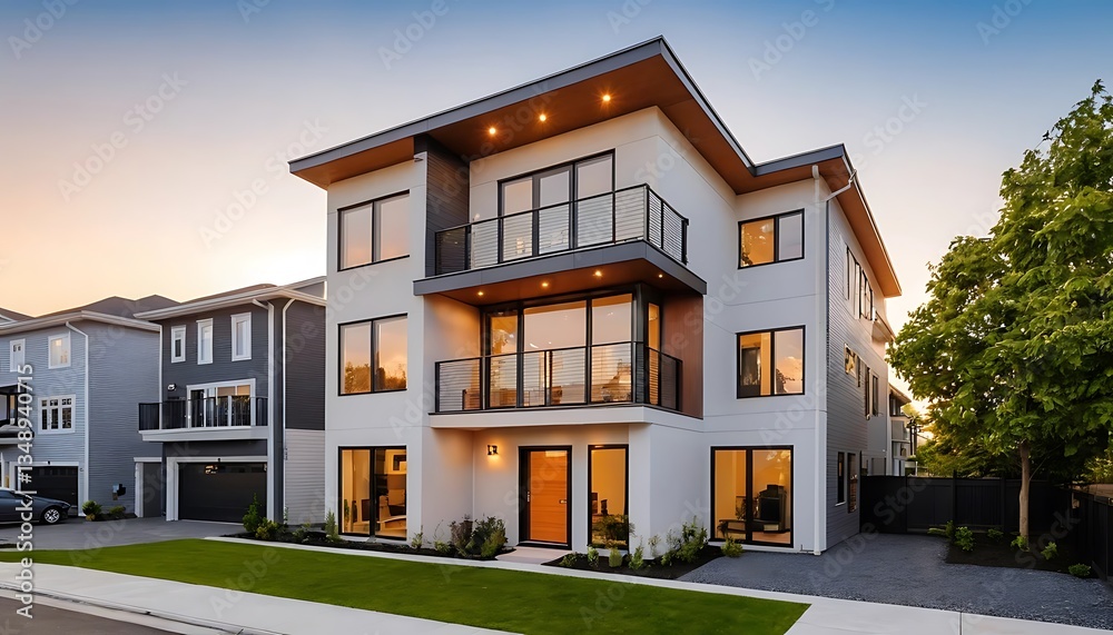 Close up photo of modern residential townhouse, luxury architectural style house exterior Close up photo of modern residential townhouse, luxury architectural style house exterior
