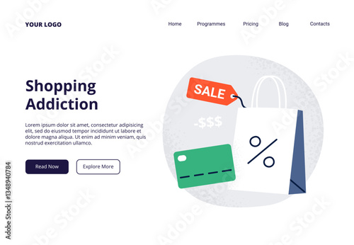 Shopping addiction. Awareness, psychology, and lifestyle concepts. Vector illustration for landing page, or banner.