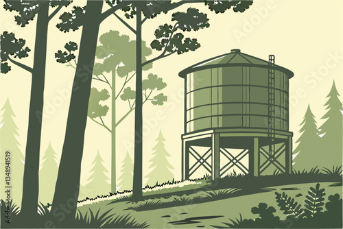 11 Large green cylindrical water tank, forest setting, pine trees, misty atmosphere, soft focus, earthy tones, environmental conservation, rural landscape, sustainable living, natural surroundings, di