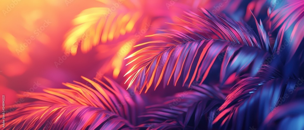 Tropical scene with blurred palm leaves in vibrant neon hues at dusk Tropical scene with blurred palm leaves in vibrant neon hues at dusk