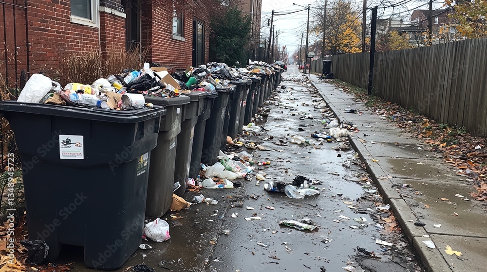 Overflowing trash bins on a sidewalk, urban cleanliness and waste management issue Overflowing trash bins on a sidewalk, urban cleanliness and waste management issue