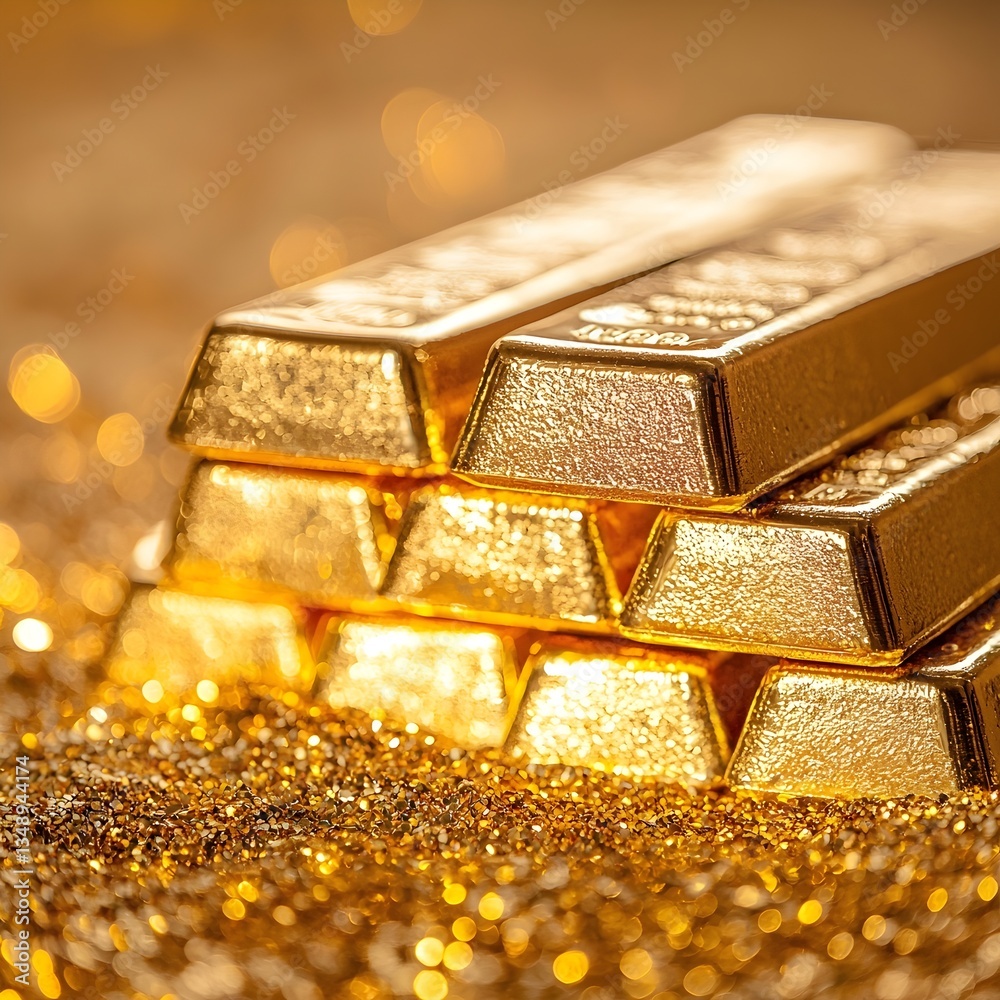 Gold bars gleam, stacked high on a bed of golden confetti, symbolizing wealth, investment, and prosperity. The image captures the allure of wealth, the gleam of gold. Gold bars gleam, stacked high on a bed of golden confetti, symbolizing wealth, investment, and prosperity. The image captures the allure of wealth, the gleam of gold.