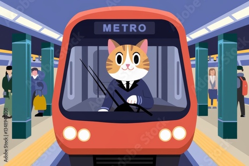 A whimsical cartoon portrait of a cat dressed as a subway train driver, complete with a cap and uniform, showcasing its playful personality and charm.