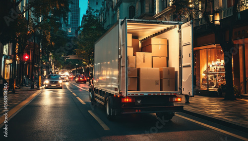 A moving truck travels down a city street in the evening, illuminated by streetlights. The back of the truck is open, revealing several stacked boxes inside, indicating a relocation