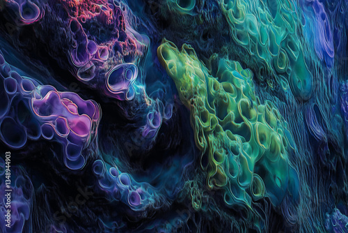 Macro shot of glowing, translucent coral structures in blue and purple hues. A surreal marine-inspired background for sci-fi and nature themes