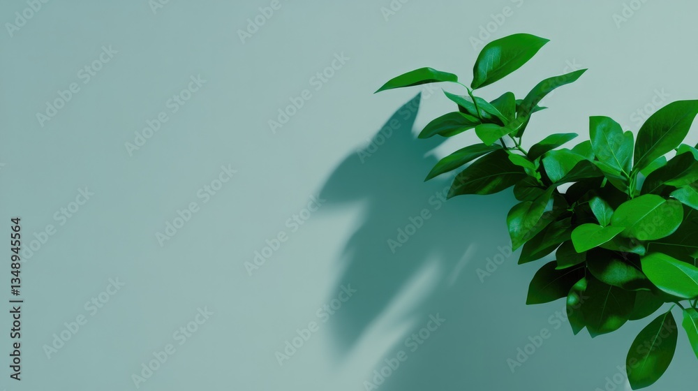 Lush green leaves cast intricate shadows on soft pastel backgrou Lush green leaves cast intricate shadows on soft pastel backgrou