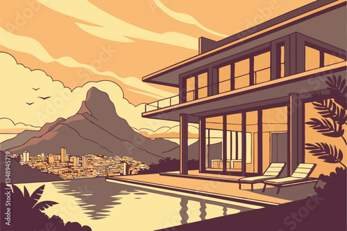 13 Luxurious hillside villa, infinity pool overlooking city, sunset sky, golden hour lighting, mountain silhouette, modern architecture, reflective water surface, lounge chairs, warm interior glow, pa