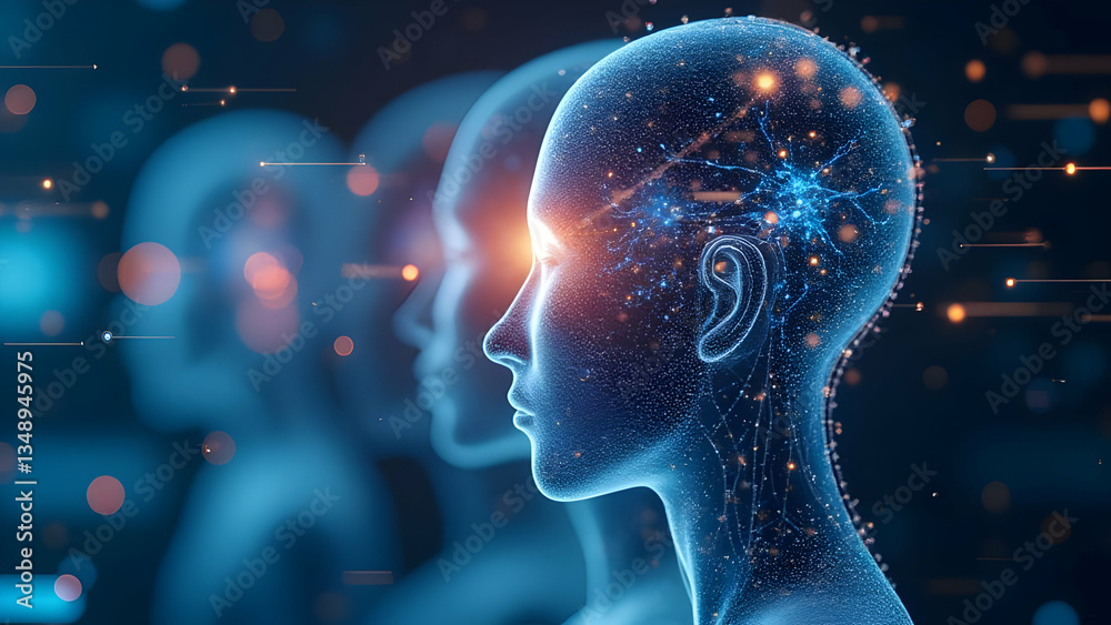 Artificial intelligence brain with a glowing neural network and digital human profile, featuring a blue and orange color scheme, interconnected nodes, and futuristic technology concepts. Artificial intelligence brain with a glowing neural network and digital human profile, featuring a blue and orange color scheme, interconnected nodes, and futuristic technology concepts.
