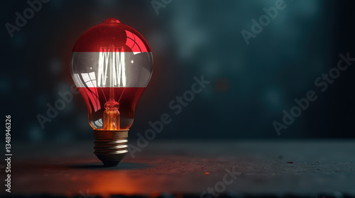 A patriotic concept: A light bulb with the Austria flag design glowing in the dark, symbolizing ingenuity, technology, and energy independence
