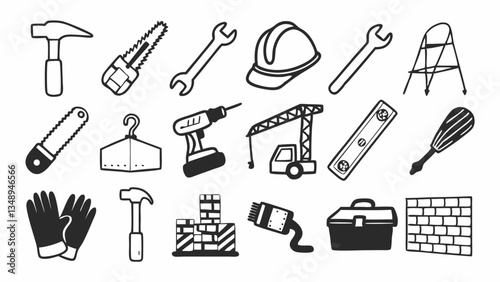 "Create 25 construction and tools icons with industrial yellow and grey backgrounds, including hammer, drill, wrench, screwdriver, helmet, toolbox, crane, bricks, tape measure, gloves, and safety vest