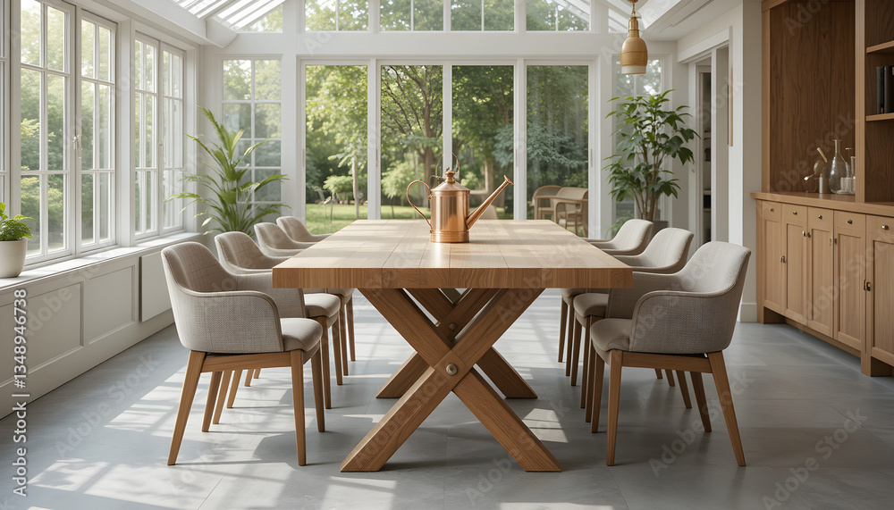 Fototapeta premium Bright Dining Room with Large Wooden Table Surrounded by Chairs