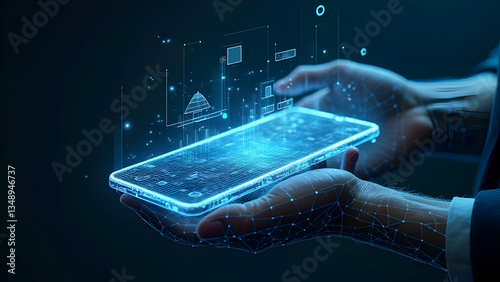 Holographic smartphone with floating digital icons, transparent screen, and augmented reality interface, showcasing futuristic technology and digital transformation.