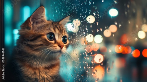 Curious kitten gazes out the window as raindrops create a mesmerizing pattern in a cozy room at night