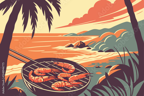14 Beachside barbecue at sunset, grilling shrimp on hot coals, ocean view, golden hour, rocky shore, vibrant colors, fresh seafood, flames and embers, coastal scenery, gourmet outdoor cooking, dramati