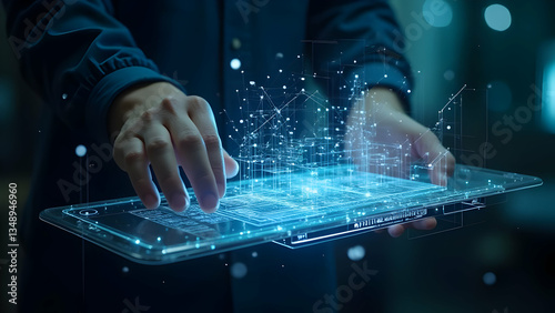Futuristic holographic interface with glowing blue digital projection, transparent tablet, and hands interacting with floating data particles, showcasing advanced user interface and digital transforma