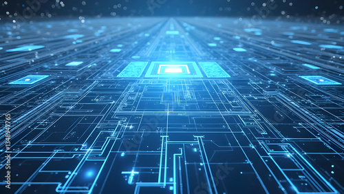 Futuristic digital landscape with glowing blue circuit patterns, neon energy paths, and interconnected data streams in a high-tech virtual reality network.