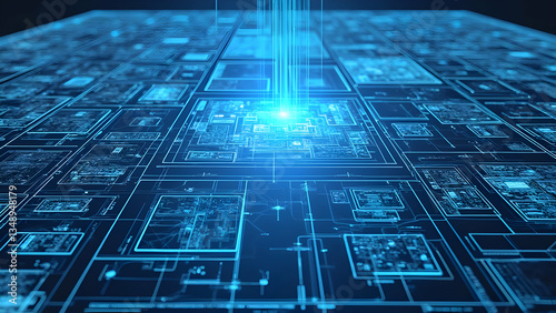 Futuristic circuit board with glowing blue energy, holographic technology, 3D grid, and abstract network connections.