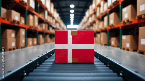 A package wrapped in the Denmark flag moves on a conveyor belt inside a warehouse. Symbolizing logistics, global trade, and the efficiency of supply chains.