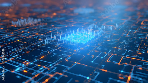 Futuristic circuit board with glowing blue holographic city, neon lights, intricate network patterns, and high-tech digital landscape.