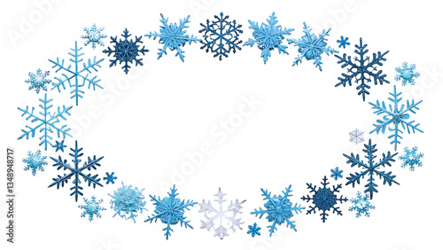 Stunning Blue Snowflake Oval Frame, Winter Holiday Design Element, Isolated on Black Background