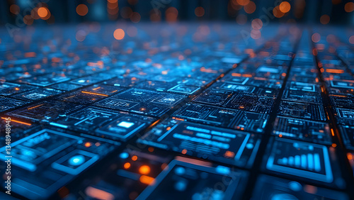Close-up view of a futuristic circuit board with microchips, blue glow, neon accents, and intricate technological details.