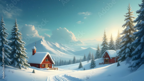 Winter wonderland with snowy mountains, cozy red cabins, evergreen trees, golden sunlight, and a peaceful valley, creating a tranquil, idyllic winter retreat.