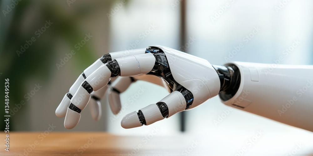 Fototapeta premium Strategic planning resources innovation concept. Robotic hand reaching out on a wooden surface in a modern environment.