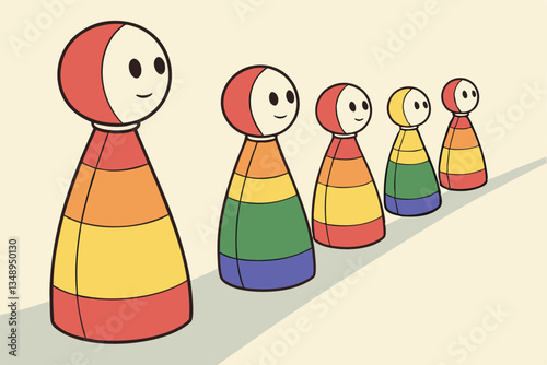 16 Colorful wooden peg dolls, diverse figurines, simplified human shapes, rainbow colors, minimalist design, lined up in a row, featureless faces, cone-shaped bodies, artistic representation of divers