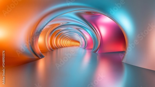 Abstract Colorful Tunnel with Glowing Lights and Metallic Reflections