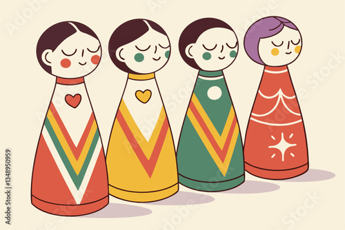 16 Colorful wooden peg dolls, diverse figurines, simplified human shapes, rainbow colors, minimalist design, lined up in a row, featureless faces, cone-shaped bodies, artistic representation of divers