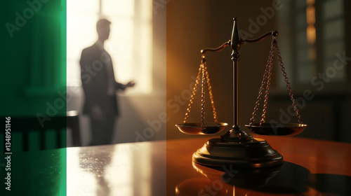 The scales of justice stand in front of the Irish flag, symbolizing law, fairness, and the legal system. A concept of democracy and equality.